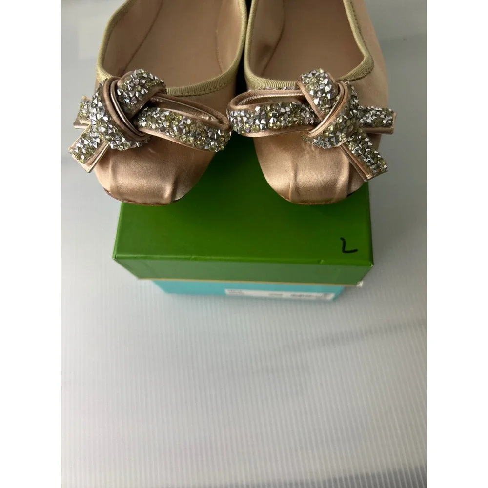 Kate Spade Freya Roasted Peanut Satin Crystal Bow Ballet Flats Pink 6.5M NEW